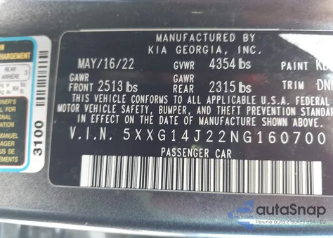 2022 Kia K5 Lxs из США, поврежденный, VIN 5XXG14J22NG160700